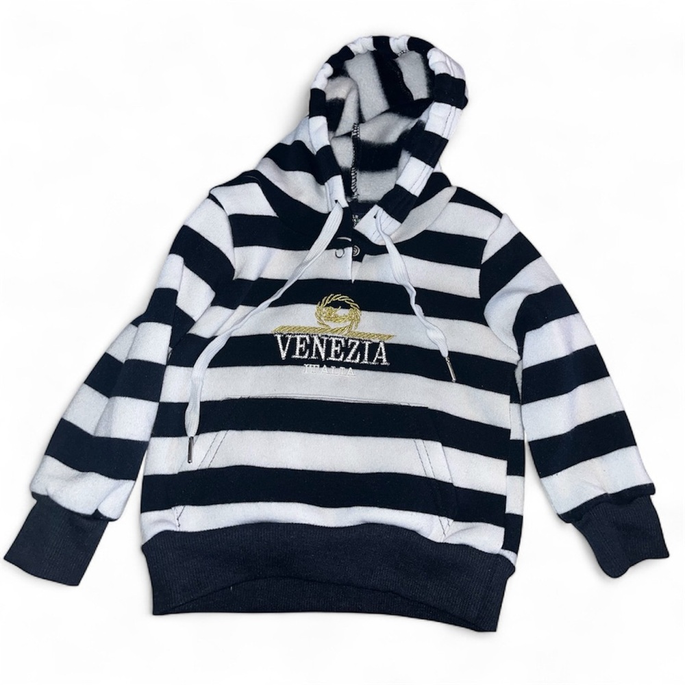 Venezia Italia Drawstring Hood Navy Blue & White Striped Pullover Toddler SZ:1/2